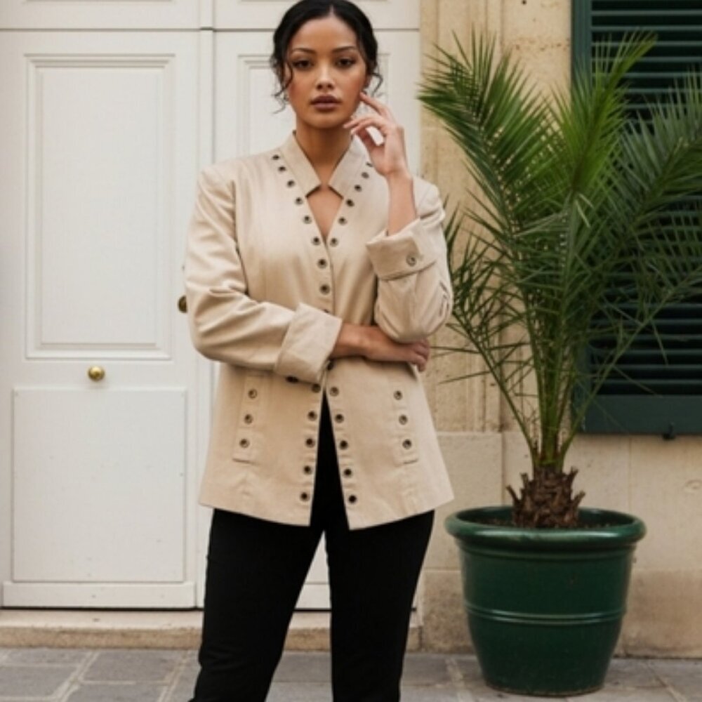 Zoey Brand Beige Grommet-Detail Cotton Blend Women's Blazer Size 10